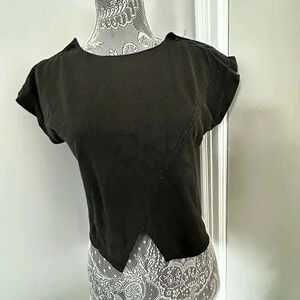 Black Beewear Cropped Cap Sleeve Top. Button Epaulette. Cut Out Belly Button.